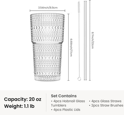 20 oz Hobnail Glass Cups with Lids and Glass Straws –, Thick-Walled Glass Tumblers for Iced Coffee, Smoothies, Milk, Water, Juice, and More – Elegant and Durable Drinking Glasses