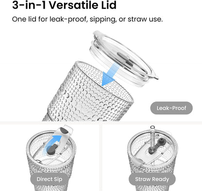 20 oz Hobnail Glass Cups with Lids and Glass Straws –, Thick-Walled Glass Tumblers for Iced Coffee, Smoothies, Milk, Water, Juice, and More – Elegant and Durable Drinking Glasses