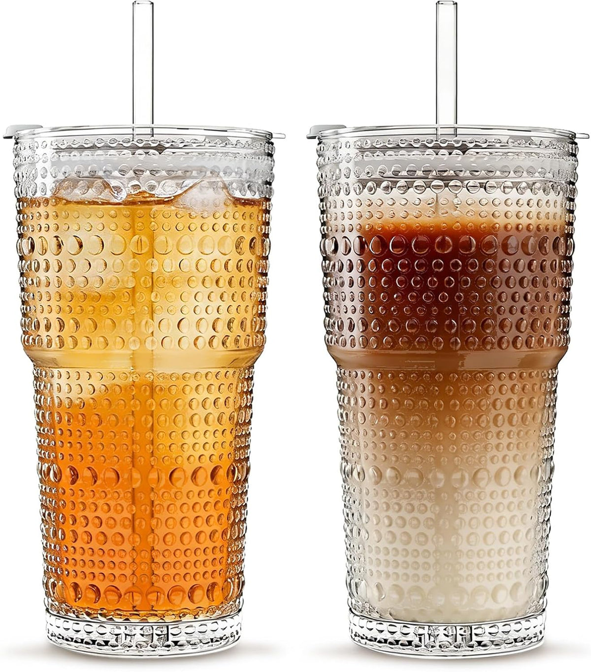 20 oz Hobnail Glass Cups with Lids and Glass Straws –, Thick-Walled Glass Tumblers for Iced Coffee, Smoothies, Milk, Water, Juice, and More – Elegant and Durable Drinking Glasses