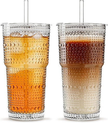 20 oz Hobnail Glass Cups with Lids and Glass Straws –, Thick-Walled Glass Tumblers for Iced Coffee, Smoothies, Milk, Water, Juice, and More – Elegant and Durable Drinking Glasses