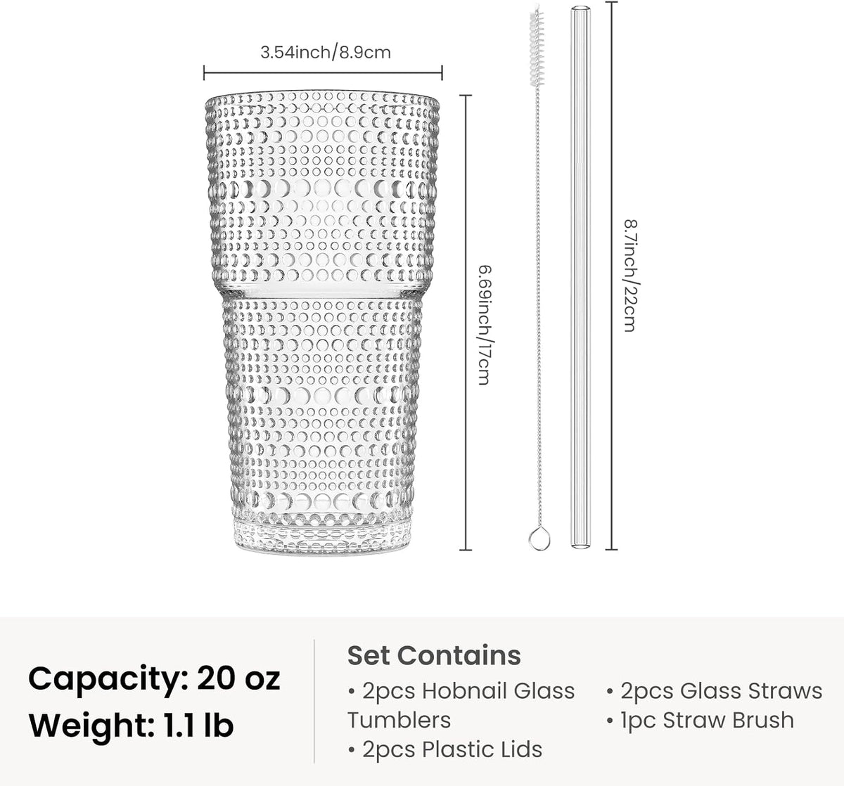 20 oz Hobnail Glass Cups with Lids and Glass Straws –, Thick-Walled Glass Tumblers for Iced Coffee, Smoothies, Milk, Water, Juice, and More – Elegant and Durable Drinking Glasses