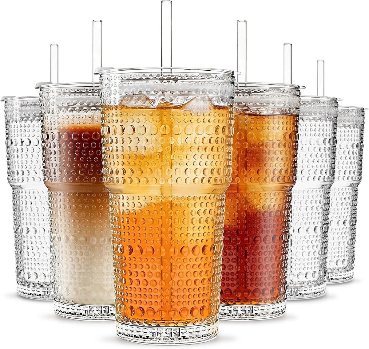 20 oz Hobnail Glass Cups with Lids and Glass Straws –, Thick-Walled Glass Tumblers for Iced Coffee, Smoothies, Milk, Water, Juice, and More – Elegant and Durable Drinking Glasses