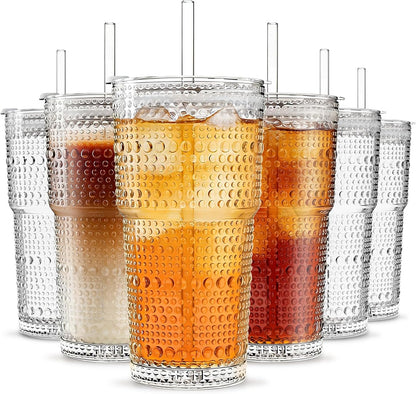 20 oz Hobnail Glass Cups with Lids and Glass Straws –, Thick-Walled Glass Tumblers for Iced Coffee, Smoothies, Milk, Water, Juice, and More – Elegant and Durable Drinking Glasses