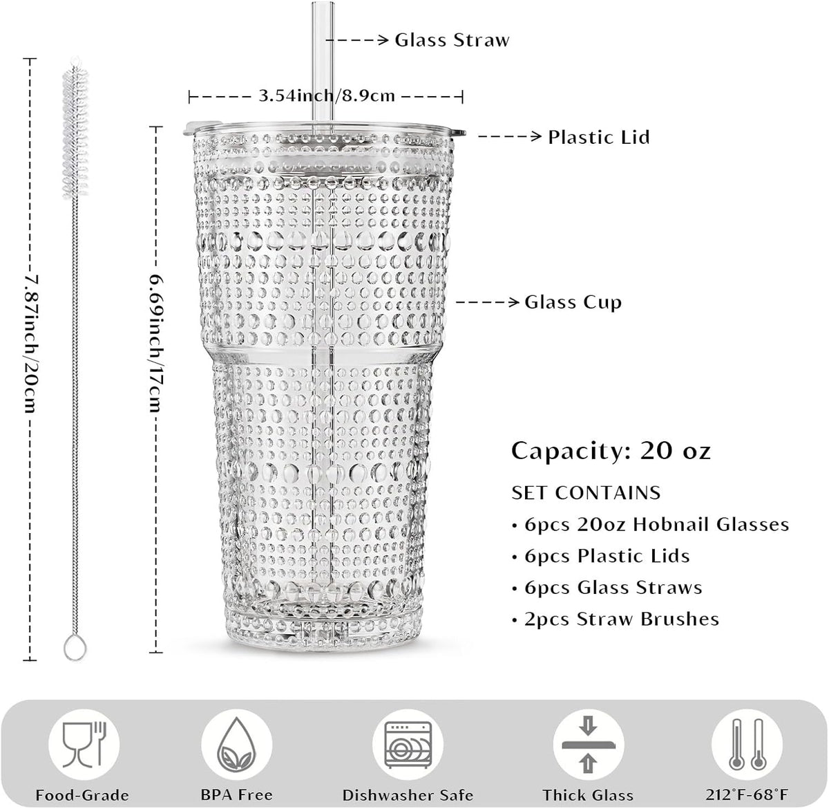 20 oz Hobnail Glass Cups with Lids and Glass Straws –, Thick-Walled Glass Tumblers for Iced Coffee, Smoothies, Milk, Water, Juice, and More – Elegant and Durable Drinking Glasses