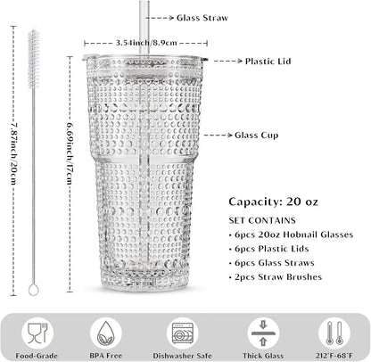 20 oz Hobnail Glass Cups with Lids and Glass Straws –, Thick-Walled Glass Tumblers for Iced Coffee, Smoothies, Milk, Water, Juice, and More – Elegant and Durable Drinking Glasses