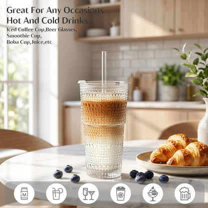 20 oz Hobnail Glass Cups with Lids and Glass Straws –, Thick-Walled Glass Tumblers for Iced Coffee, Smoothies, Milk, Water, Juice, and More – Elegant and Durable Drinking Glasses