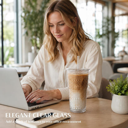 20 oz Hobnail Glass Cups with Lids and Glass Straws –, Thick-Walled Glass Tumblers for Iced Coffee, Smoothies, Milk, Water, Juice, and More – Elegant and Durable Drinking Glasses