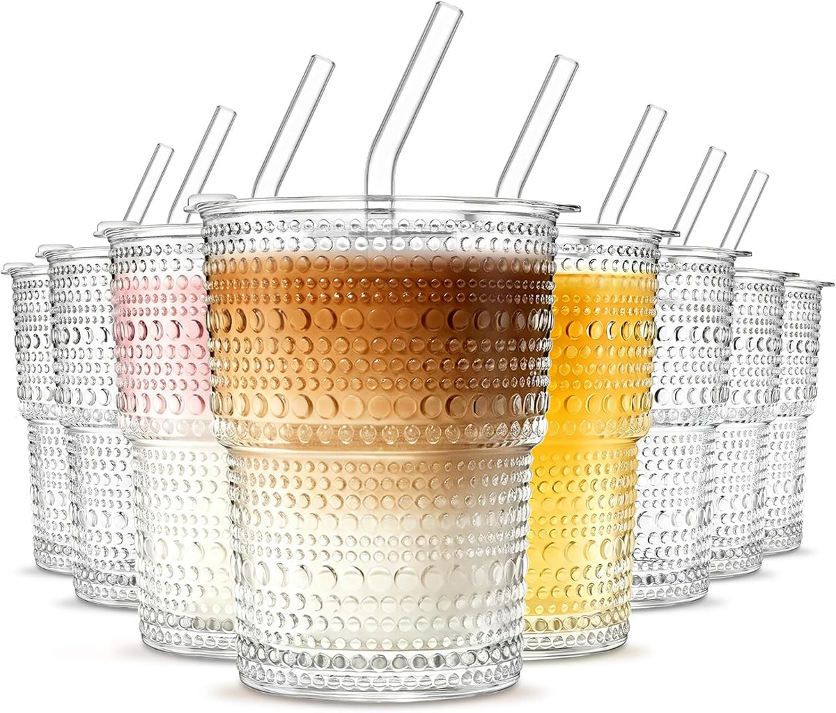 20 oz Hobnail Glass Cups with Lids and Glass Straws –, Thick-Walled Glass Tumblers for Iced Coffee, Smoothies, Milk, Water, Juice, and More – Elegant and Durable Drinking Glasses