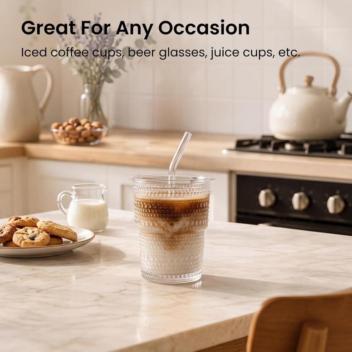 20 oz Hobnail Glass Cups with Lids and Glass Straws –, Thick-Walled Glass Tumblers for Iced Coffee, Smoothies, Milk, Water, Juice, and More – Elegant and Durable Drinking Glasses