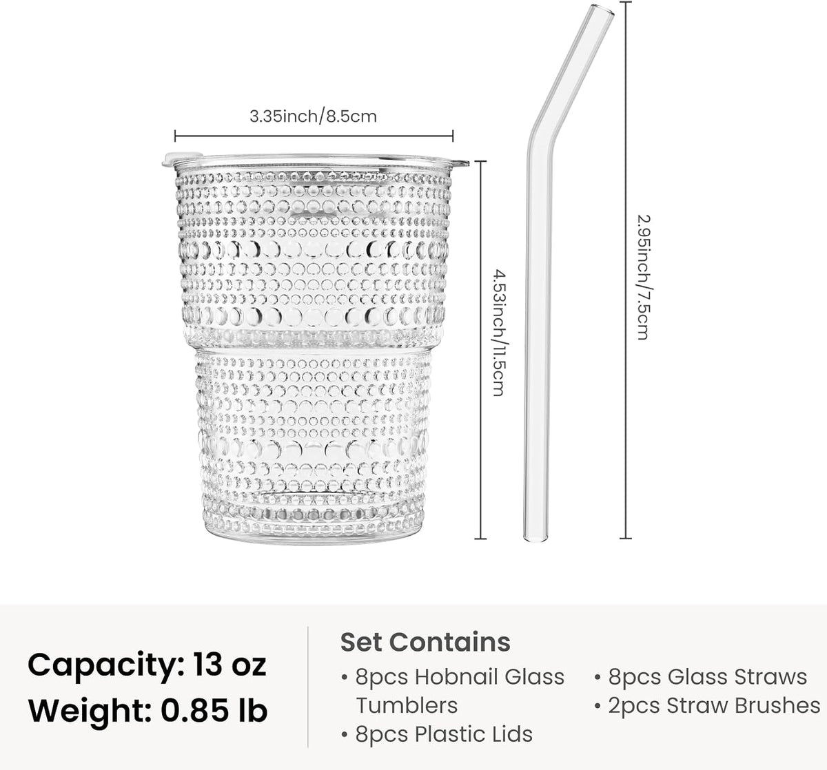 20 oz Hobnail Glass Cups with Lids and Glass Straws –, Thick-Walled Glass Tumblers for Iced Coffee, Smoothies, Milk, Water, Juice, and More – Elegant and Durable Drinking Glasses