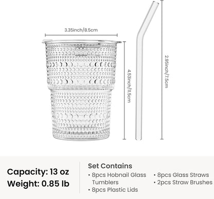 20 oz Hobnail Glass Cups with Lids and Glass Straws –, Thick-Walled Glass Tumblers for Iced Coffee, Smoothies, Milk, Water, Juice, and More – Elegant and Durable Drinking Glasses