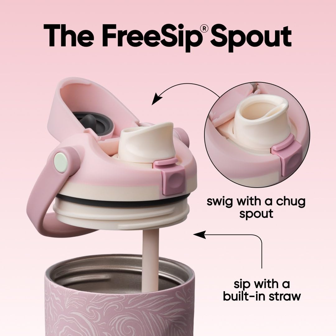 FreeSip Sway Insulated Stainless Steel Water Bottle with Two-Way Spout, Built-In Straw and Bucket Handle, Made for Travel, School, and Sports, 30oz, BPA Free, Leak Proof, Daybreak