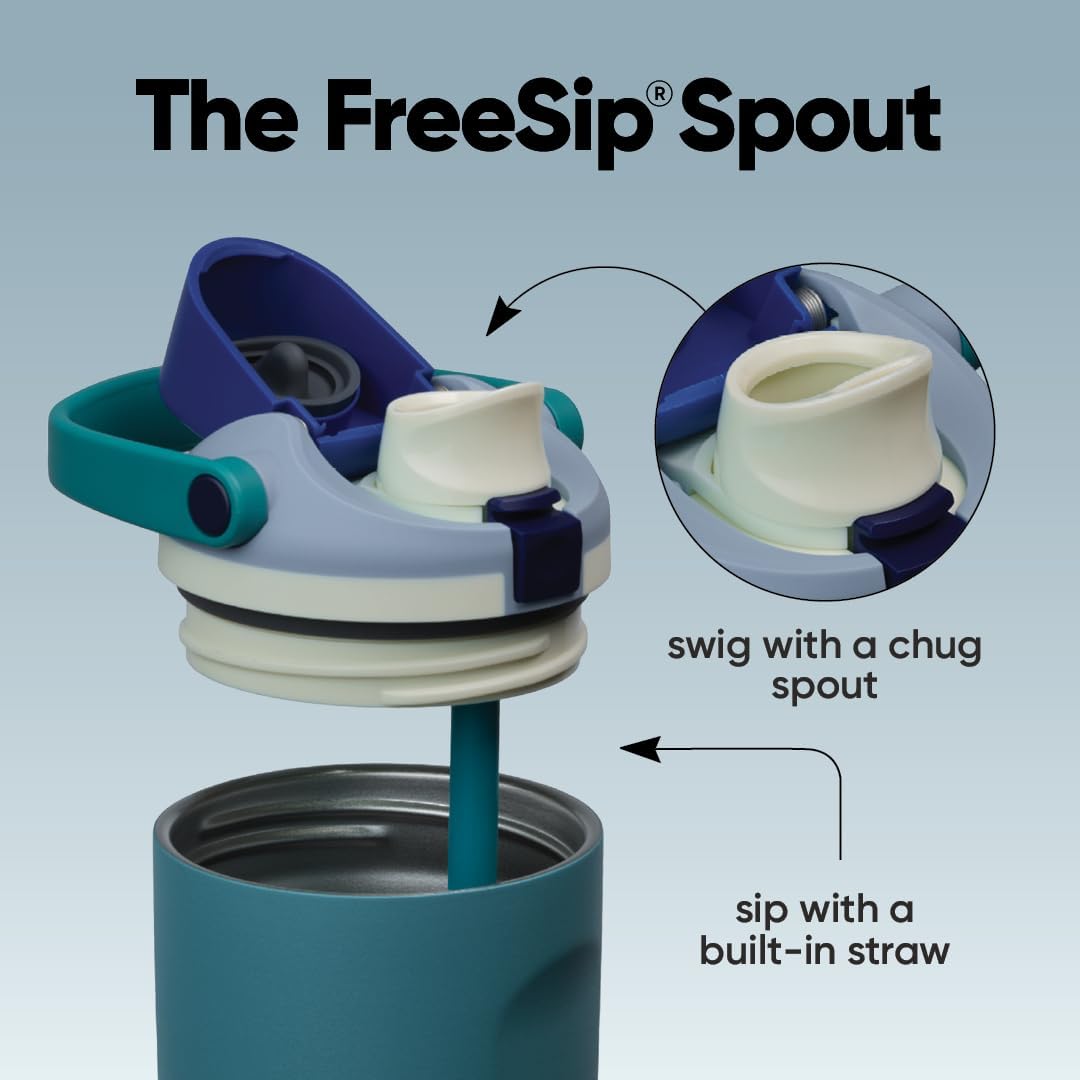 FreeSip Sway Insulated Stainless Steel Water Bottle with Two-Way Spout, Built-In Straw and Bucket Handle, Made for Travel, School, and Sports, 30oz, BPA Free, Leak Proof, Daybreak