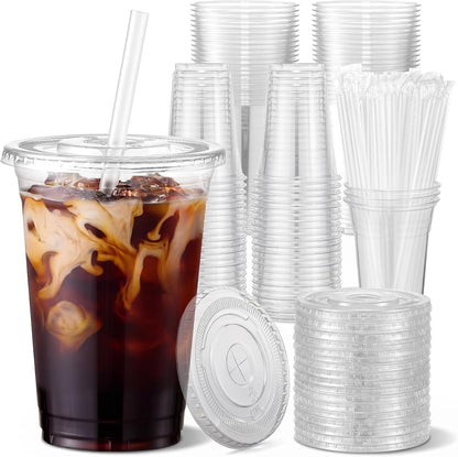 [100 Sets - 16oz] Clear Plastic Cups with Lids and Straws, Disposable Iced Coffee Cups for Smoothie, Milkshake, Cold Drinks - BPA free