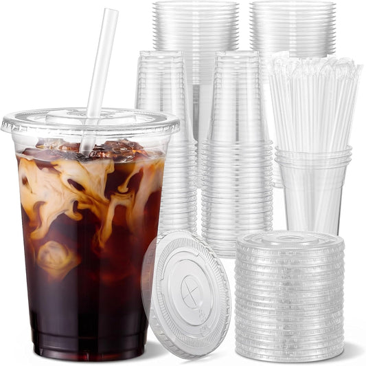 [100 Sets - 16oz] Clear Plastic Cups with Lids and Straws, Disposable Iced Coffee Cups for Smoothie, Milkshake, Cold Drinks - BPA free