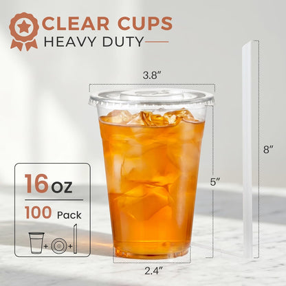 [100 Sets - 16oz] Clear Plastic Cups with Lids and Straws, Disposable Iced Coffee Cups for Smoothie, Milkshake, Cold Drinks - BPA free