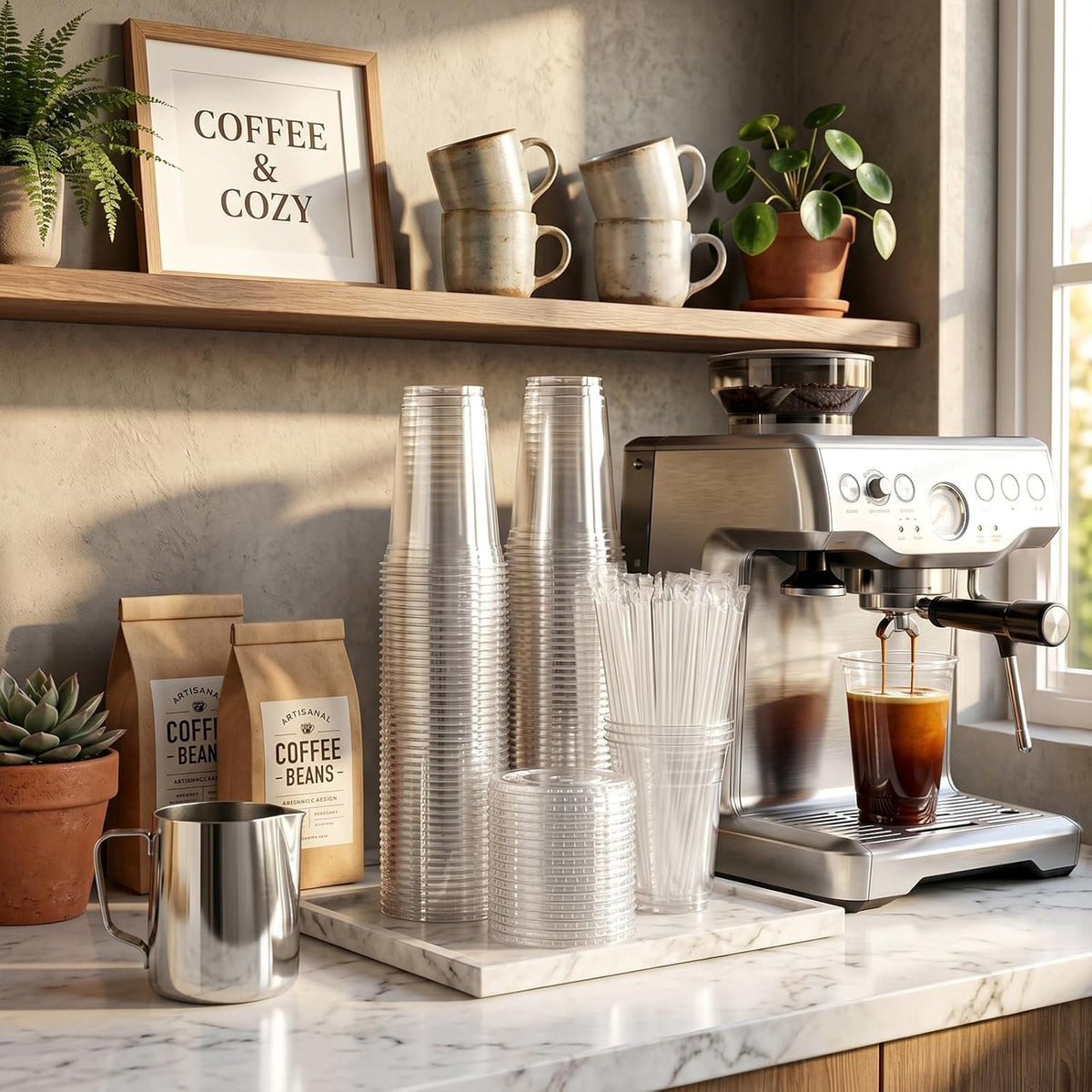[100 Sets - 16oz] Clear Plastic Cups with Lids and Straws, Disposable Iced Coffee Cups for Smoothie, Milkshake, Cold Drinks - BPA free
