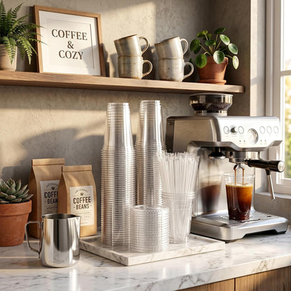 [100 Sets - 16oz] Clear Plastic Cups with Lids and Straws, Disposable Iced Coffee Cups for Smoothie, Milkshake, Cold Drinks - BPA free