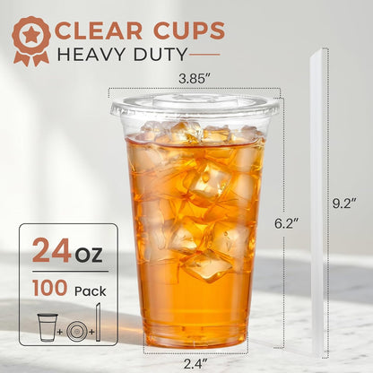 [100 Sets - 16oz] Clear Plastic Cups with Lids and Straws, Disposable Iced Coffee Cups for Smoothie, Milkshake, Cold Drinks - BPA free