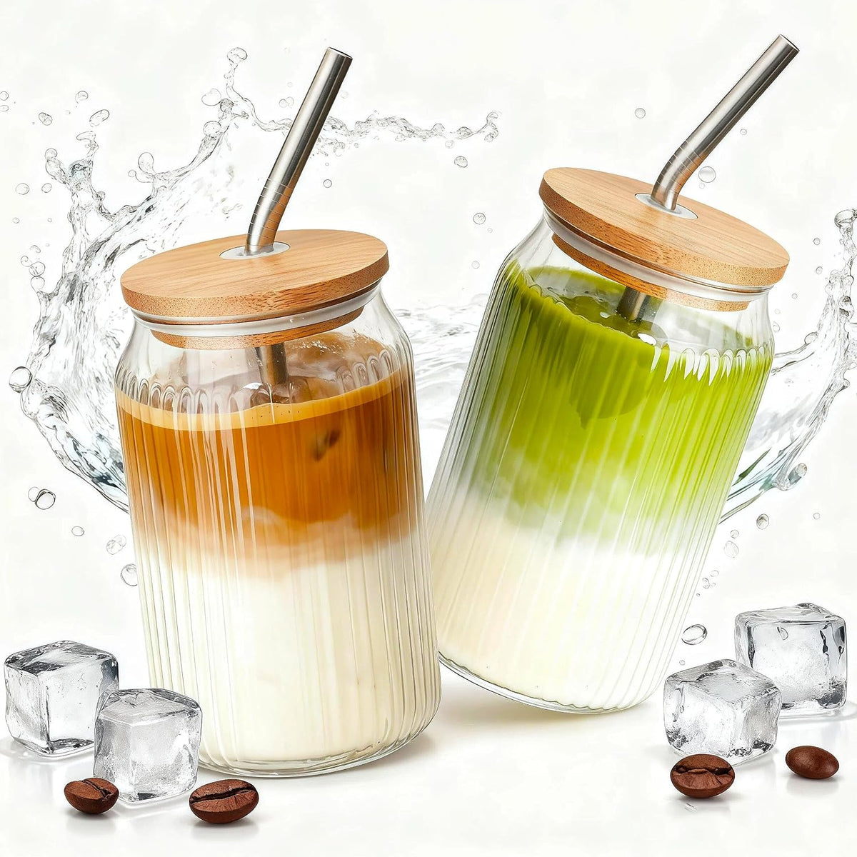 4 Packs Ribbed Glass Tumbler with Lid and Straw 16 oz Cute Ice Coffee Cup Set for Smoothie Juice Matcha Tea Latte Cappuccino Espresso Hot Coffe Water Reusable Clear Travel Boba Aesthetic Drinking Mug