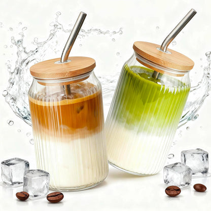 4 Packs Ribbed Glass Tumbler with Lid and Straw 16 oz Cute Ice Coffee Cup Set for Smoothie Juice Matcha Tea Latte Cappuccino Espresso Hot Coffe Water Reusable Clear Travel Boba Aesthetic Drinking Mug