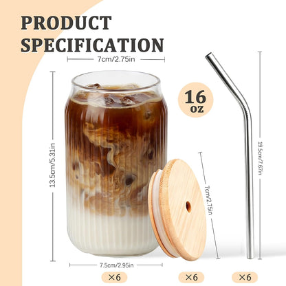 4 Packs Ribbed Glass Tumbler with Lid and Straw 16 oz Cute Ice Coffee Cup Set for Smoothie Juice Matcha Tea Latte Cappuccino Espresso Hot Coffe Water Reusable Clear Travel Boba Aesthetic Drinking Mug