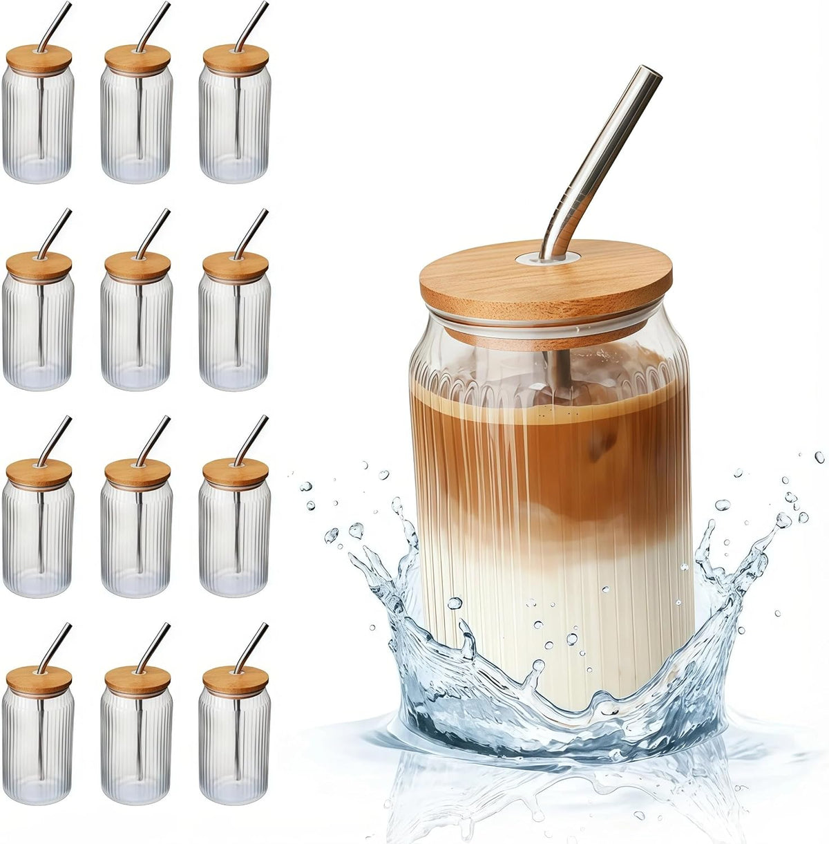 4 Packs Ribbed Glass Tumbler with Lid and Straw 16 oz Cute Ice Coffee Cup Set for Smoothie Juice Matcha Tea Latte Cappuccino Espresso Hot Coffe Water Reusable Clear Travel Boba Aesthetic Drinking Mug