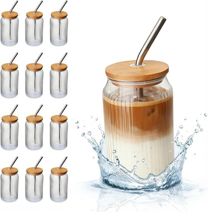 4 Packs Ribbed Glass Tumbler with Lid and Straw 16 oz Cute Ice Coffee Cup Set for Smoothie Juice Matcha Tea Latte Cappuccino Espresso Hot Coffe Water Reusable Clear Travel Boba Aesthetic Drinking Mug