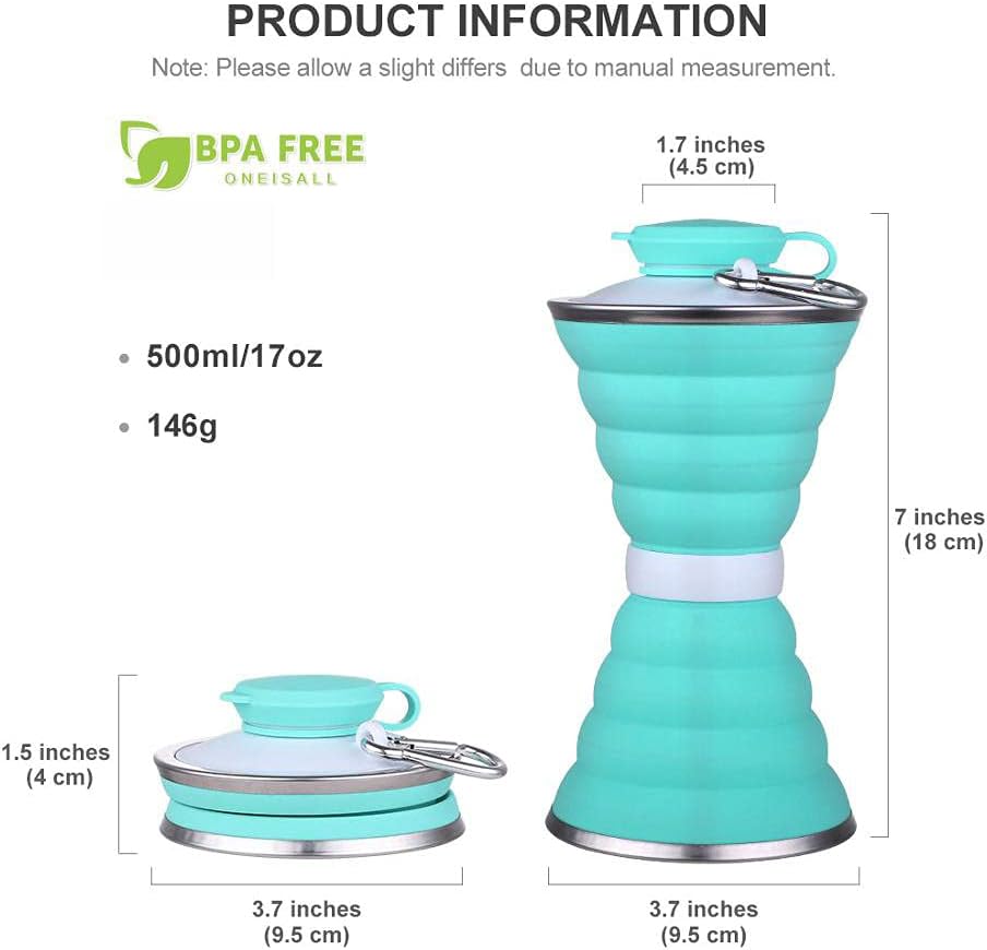 Collapsible Water Bottle, Camping Cup With Carabiner, Reuseable Silicone Foldable Leak Proof Portable Sports Travel Water Bottles For Outdoor, Travel Gym Hiking, BPA Free, Cycling Cups with Carabiner