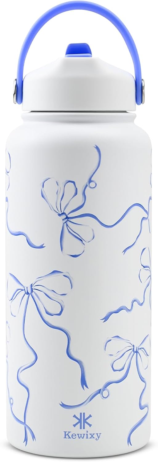 KEWIXY 32 oz Insulated Water Bottle with Straw, Bow Water Bottle Stainless Steel with Flip Straw and Handle, Leak Proof, Metal, Reusable, Wide Mouth, for Travel, Gym and School (Breeze Blue Bow)