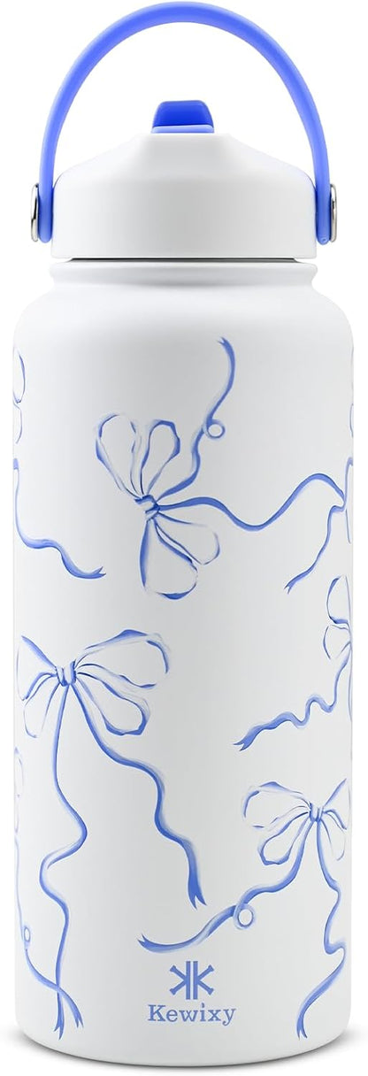 KEWIXY 32 oz Insulated Water Bottle with Straw, Bow Water Bottle Stainless Steel with Flip Straw and Handle, Leak Proof, Metal, Reusable, Wide Mouth, for Travel, Gym and School (Breeze Blue Bow)