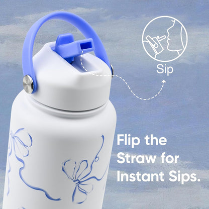 KEWIXY 32 oz Insulated Water Bottle with Straw, Bow Water Bottle Stainless Steel with Flip Straw and Handle, Leak Proof, Metal, Reusable, Wide Mouth, for Travel, Gym and School (Breeze Blue Bow)