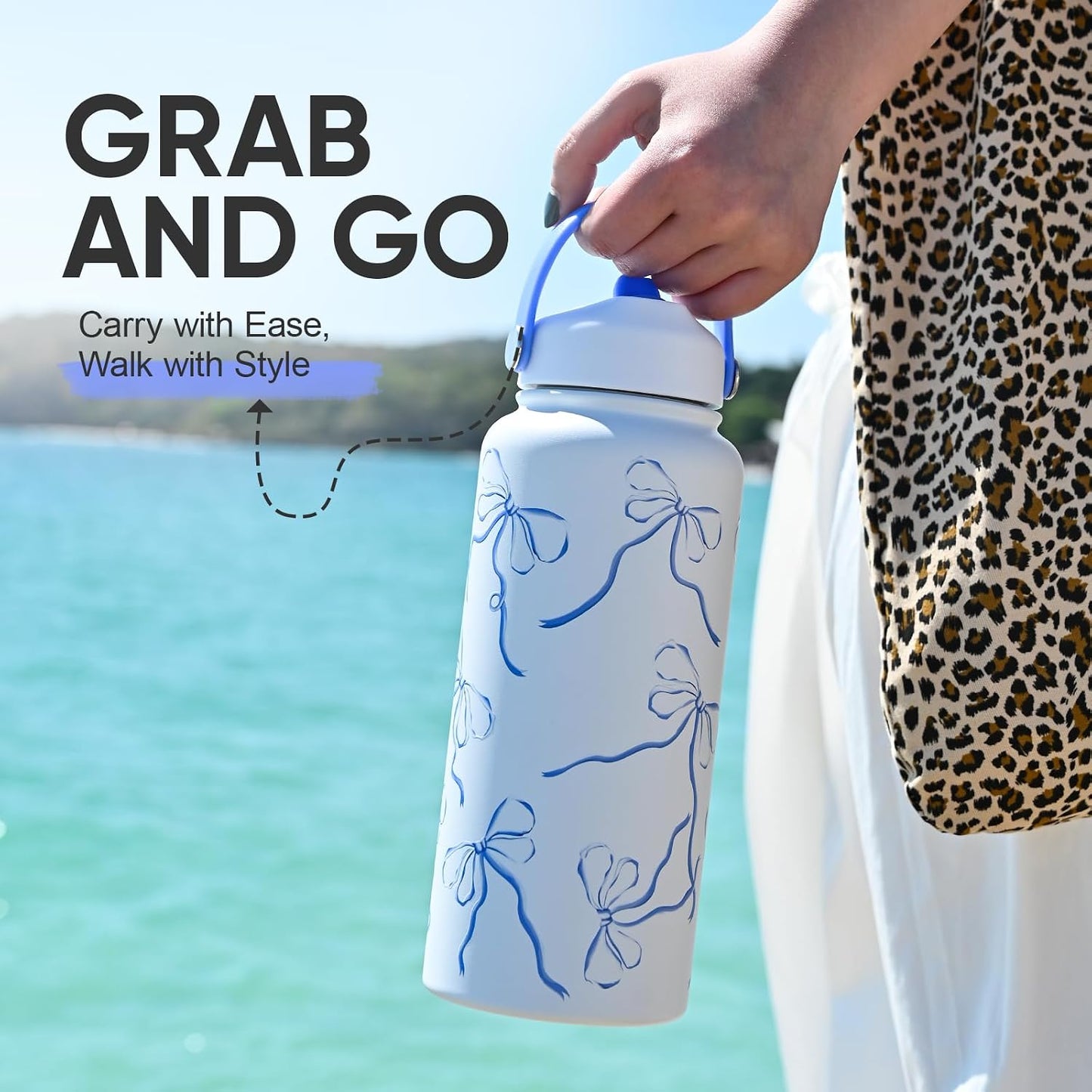 KEWIXY 32 oz Insulated Water Bottle with Straw, Bow Water Bottle Stainless Steel with Flip Straw and Handle, Leak Proof, Metal, Reusable, Wide Mouth, for Travel, Gym and School (Breeze Blue Bow)
