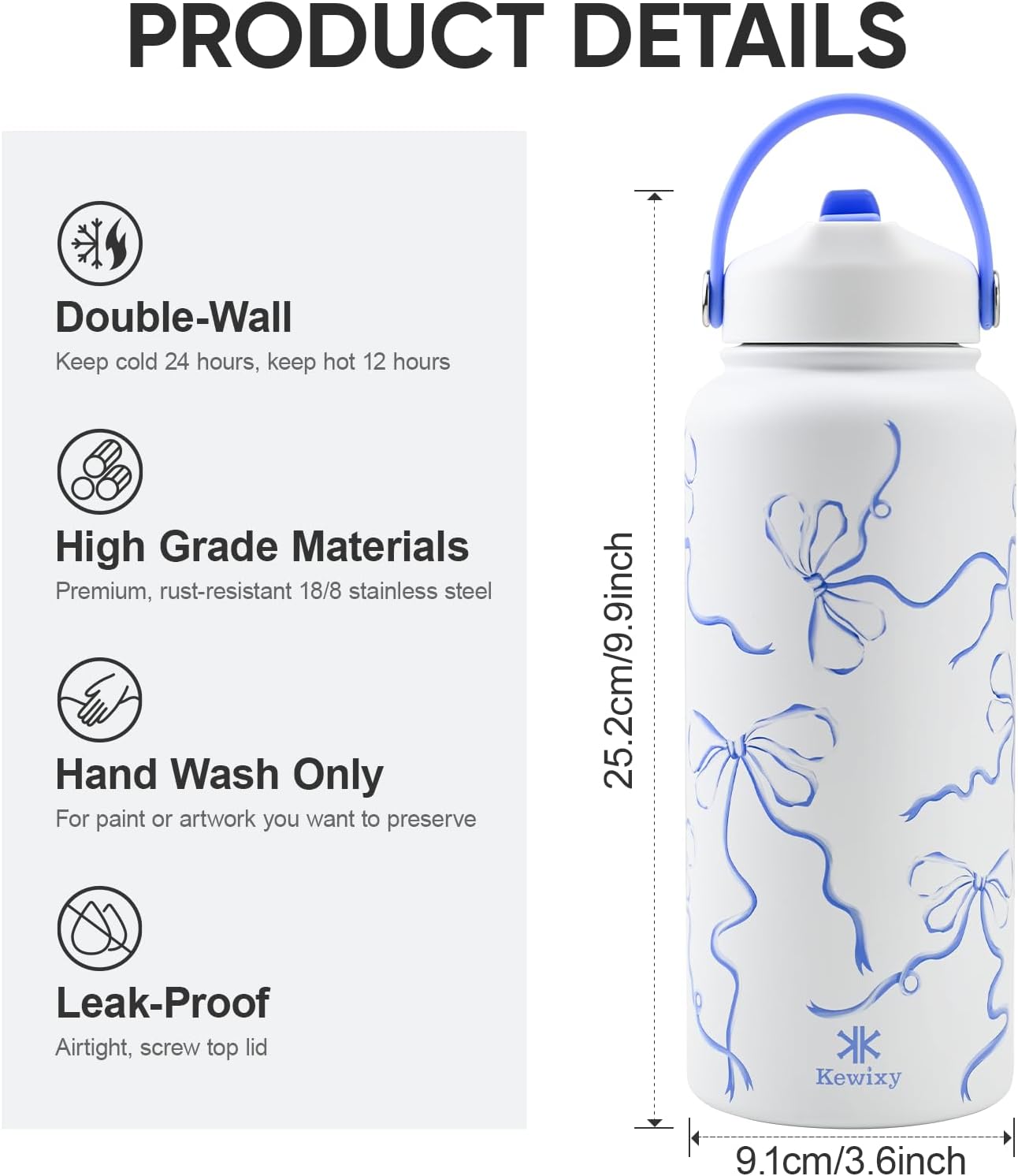 KEWIXY 32 oz Insulated Water Bottle with Straw, Bow Water Bottle Stainless Steel with Flip Straw and Handle, Leak Proof, Metal, Reusable, Wide Mouth, for Travel, Gym and School (Breeze Blue Bow)