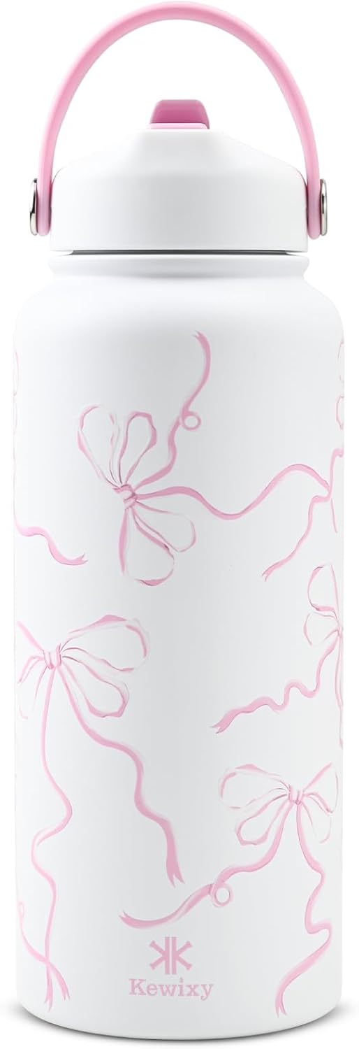 KEWIXY 32 oz Insulated Water Bottle with Straw, Bow Water Bottle Stainless Steel with Flip Straw and Handle, Leak Proof, Metal, Reusable, Wide Mouth, for Travel, Gym and School (Breeze Blue Bow)