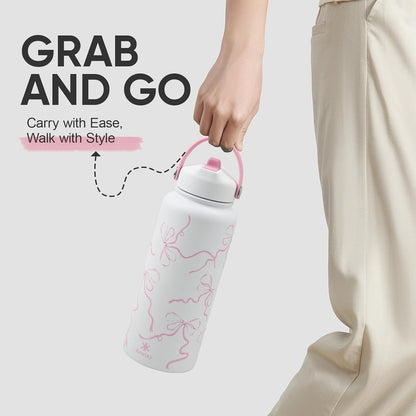 KEWIXY 32 oz Insulated Water Bottle with Straw, Bow Water Bottle Stainless Steel with Flip Straw and Handle, Leak Proof, Metal, Reusable, Wide Mouth, for Travel, Gym and School (Breeze Blue Bow)