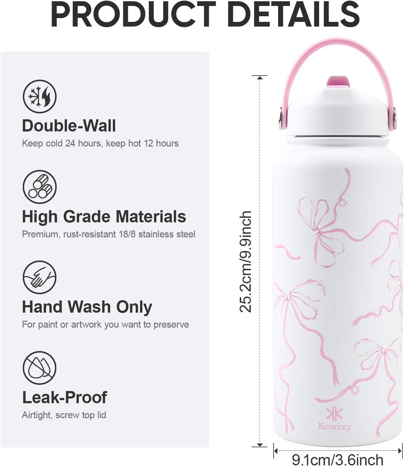 KEWIXY 32 oz Insulated Water Bottle with Straw, Bow Water Bottle Stainless Steel with Flip Straw and Handle, Leak Proof, Metal, Reusable, Wide Mouth, for Travel, Gym and School (Breeze Blue Bow)