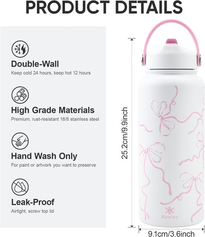 KEWIXY 32 oz Insulated Water Bottle with Straw, Bow Water Bottle Stainless Steel with Flip Straw and Handle, Leak Proof, Metal, Reusable, Wide Mouth, for Travel, Gym and School (Breeze Blue Bow)