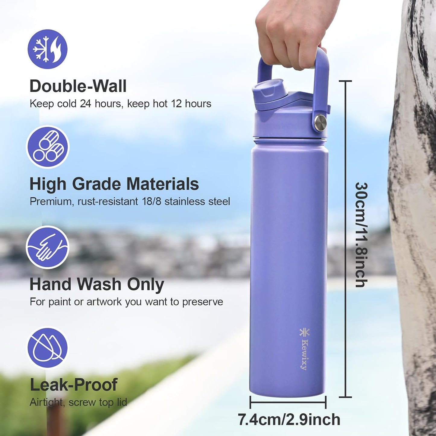 KEWIXY 32 oz Insulated Water Bottle with Straw, Bow Water Bottle Stainless Steel with Flip Straw and Handle, Leak Proof, Metal, Reusable, Wide Mouth, for Travel, Gym and School (Breeze Blue Bow)