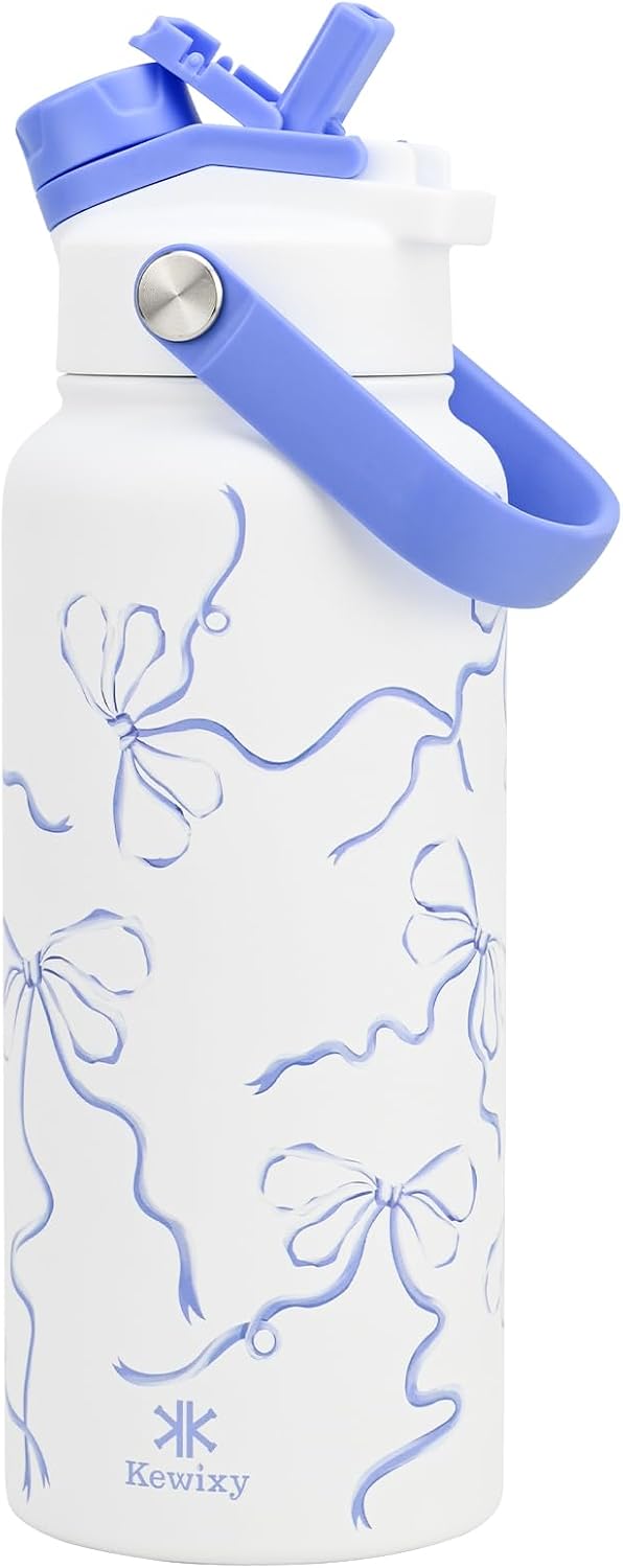 KEWIXY 32 oz Insulated Water Bottle with Straw, Bow Water Bottle Stainless Steel with Flip Straw and Handle, Leak Proof, Metal, Reusable, Wide Mouth, for Travel, Gym and School (Breeze Blue Bow)