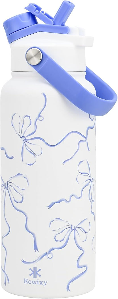 KEWIXY 32 oz Insulated Water Bottle with Straw, Bow Water Bottle Stainless Steel with Flip Straw and Handle, Leak Proof, Metal, Reusable, Wide Mouth, for Travel, Gym and School (Breeze Blue Bow)