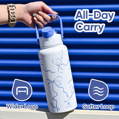 KEWIXY 32 oz Insulated Water Bottle with Straw, Bow Water Bottle Stainless Steel with Flip Straw and Handle, Leak Proof, Metal, Reusable, Wide Mouth, for Travel, Gym and School (Breeze Blue Bow)