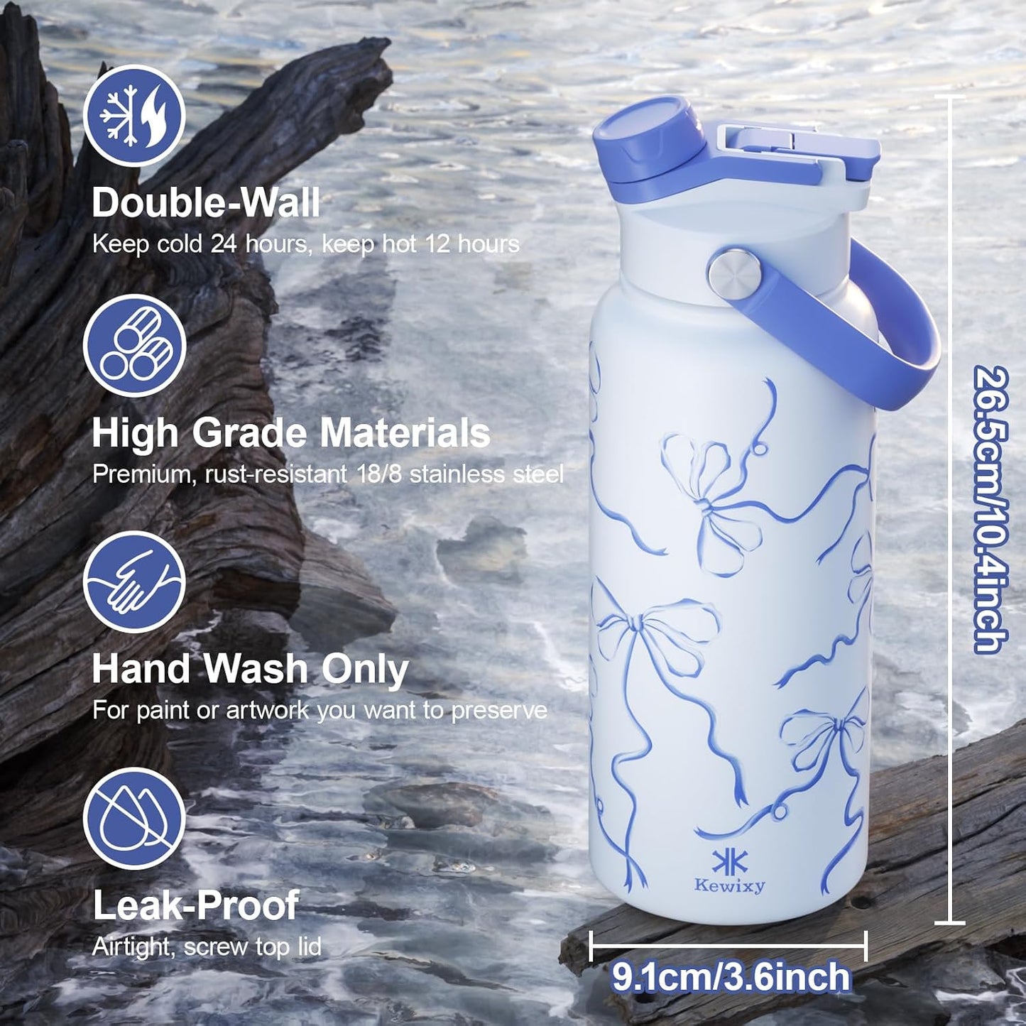 KEWIXY 32 oz Insulated Water Bottle with Straw, Bow Water Bottle Stainless Steel with Flip Straw and Handle, Leak Proof, Metal, Reusable, Wide Mouth, for Travel, Gym and School (Breeze Blue Bow)