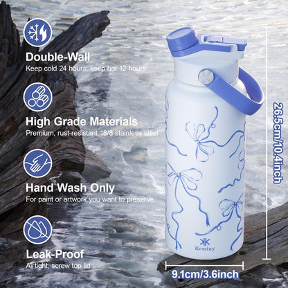 KEWIXY 32 oz Insulated Water Bottle with Straw, Bow Water Bottle Stainless Steel with Flip Straw and Handle, Leak Proof, Metal, Reusable, Wide Mouth, for Travel, Gym and School (Breeze Blue Bow)