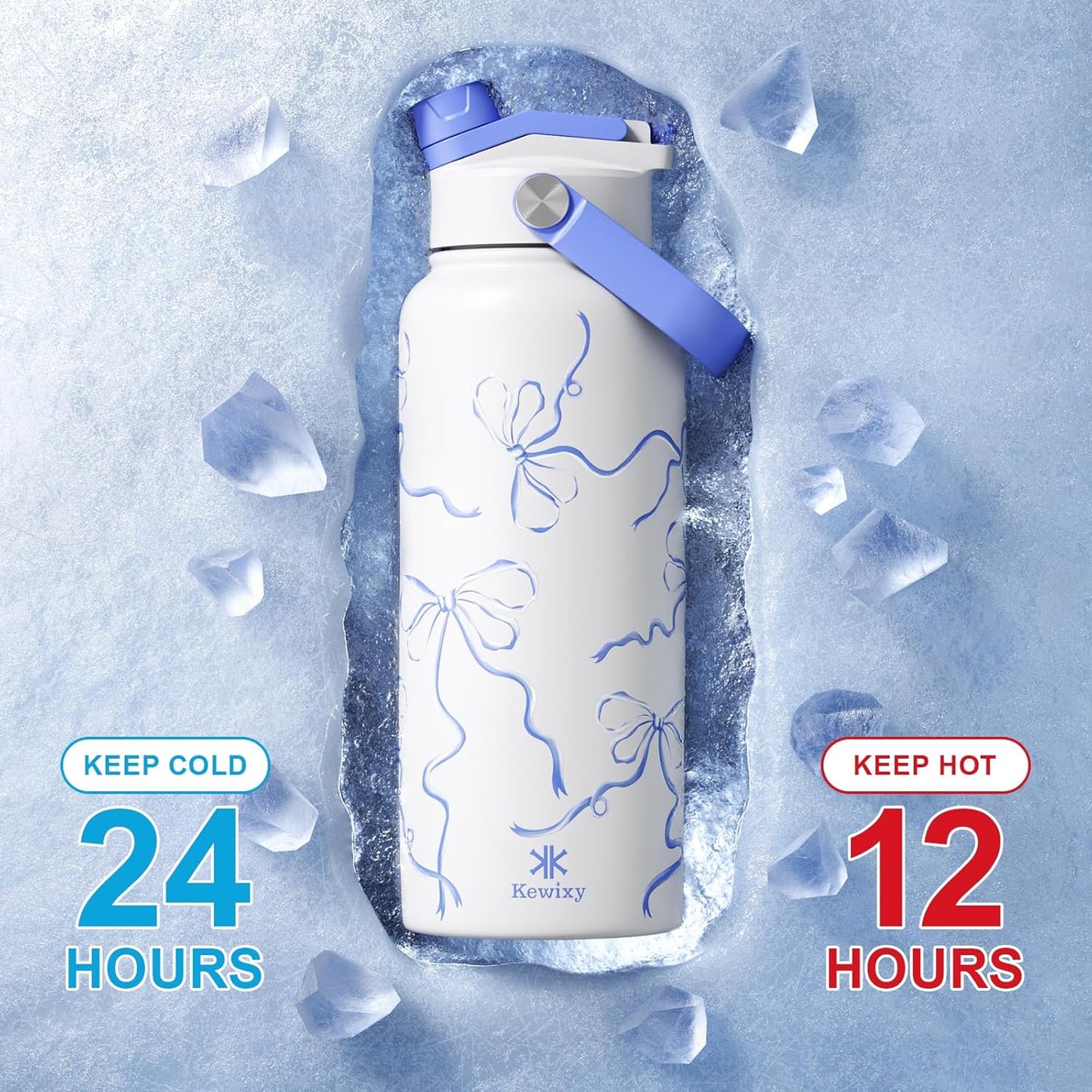 KEWIXY 32 oz Insulated Water Bottle with Straw, Bow Water Bottle Stainless Steel with Flip Straw and Handle, Leak Proof, Metal, Reusable, Wide Mouth, for Travel, Gym and School (Breeze Blue Bow)