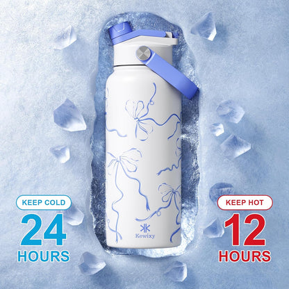 KEWIXY 32 oz Insulated Water Bottle with Straw, Bow Water Bottle Stainless Steel with Flip Straw and Handle, Leak Proof, Metal, Reusable, Wide Mouth, for Travel, Gym and School (Breeze Blue Bow)