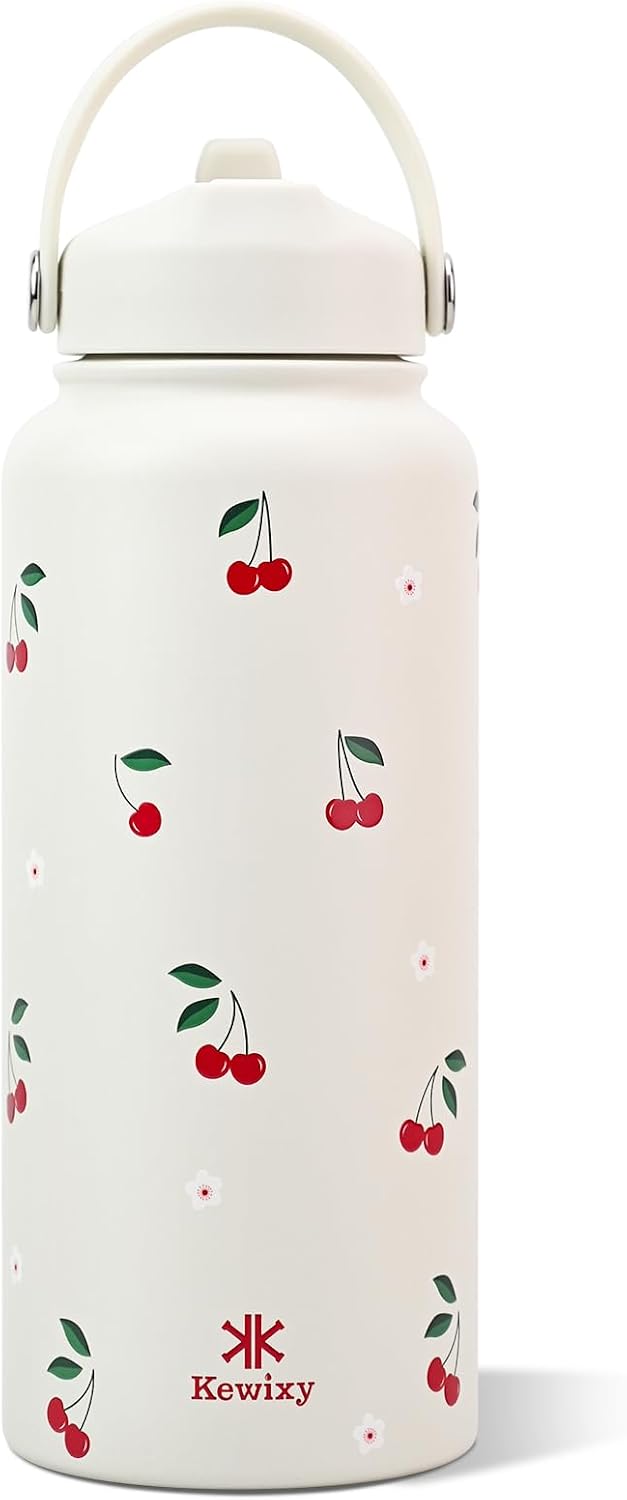 KEWIXY 32 oz Insulated Water Bottle with Straw, Bow Water Bottle Stainless Steel with Flip Straw and Handle, Leak Proof, Metal, Reusable, Wide Mouth, for Travel, Gym and School (Breeze Blue Bow)
