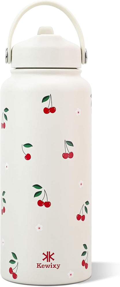 KEWIXY 32 oz Insulated Water Bottle with Straw, Bow Water Bottle Stainless Steel with Flip Straw and Handle, Leak Proof, Metal, Reusable, Wide Mouth, for Travel, Gym and School (Breeze Blue Bow)