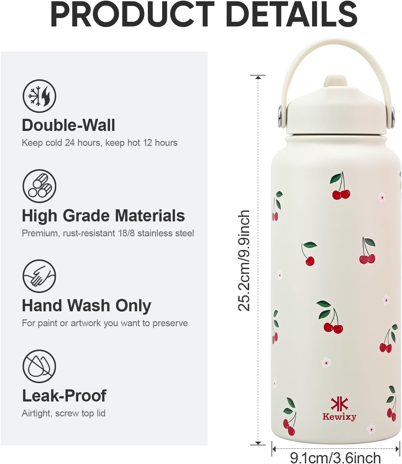 KEWIXY 32 oz Insulated Water Bottle with Straw, Bow Water Bottle Stainless Steel with Flip Straw and Handle, Leak Proof, Metal, Reusable, Wide Mouth, for Travel, Gym and School (Breeze Blue Bow)