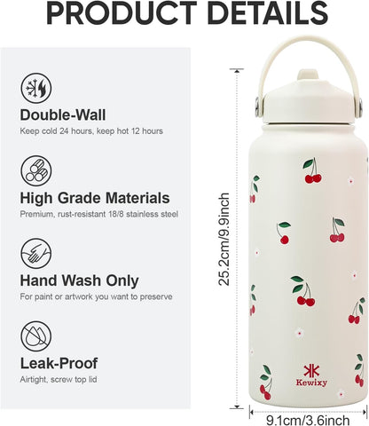KEWIXY 32 oz Insulated Water Bottle with Straw, Bow Water Bottle Stainless Steel with Flip Straw and Handle, Leak Proof, Metal, Reusable, Wide Mouth, for Travel, Gym and School (Breeze Blue Bow)